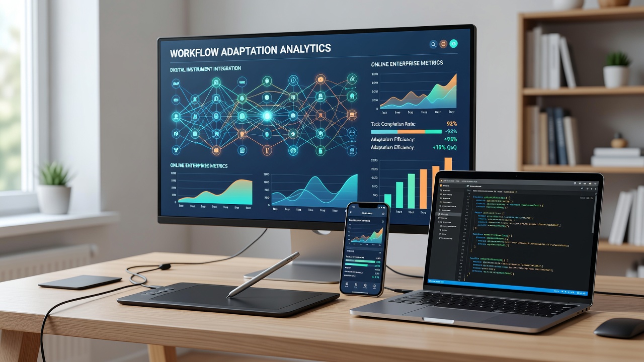 Digital workflow dashboard displaying interconnected project management and analytics tools on a tablet screen